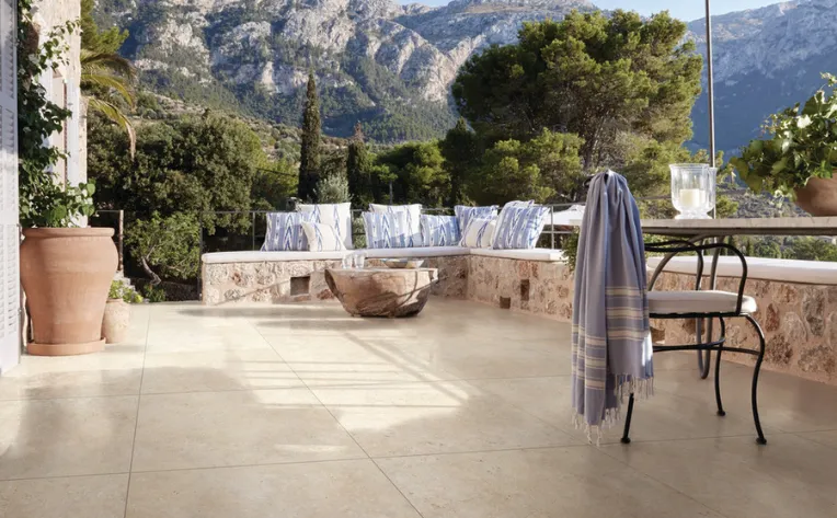 limestone floor on veranda overlooking mountain range