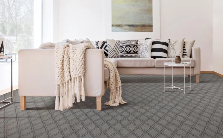 living room with gray patterned carpet